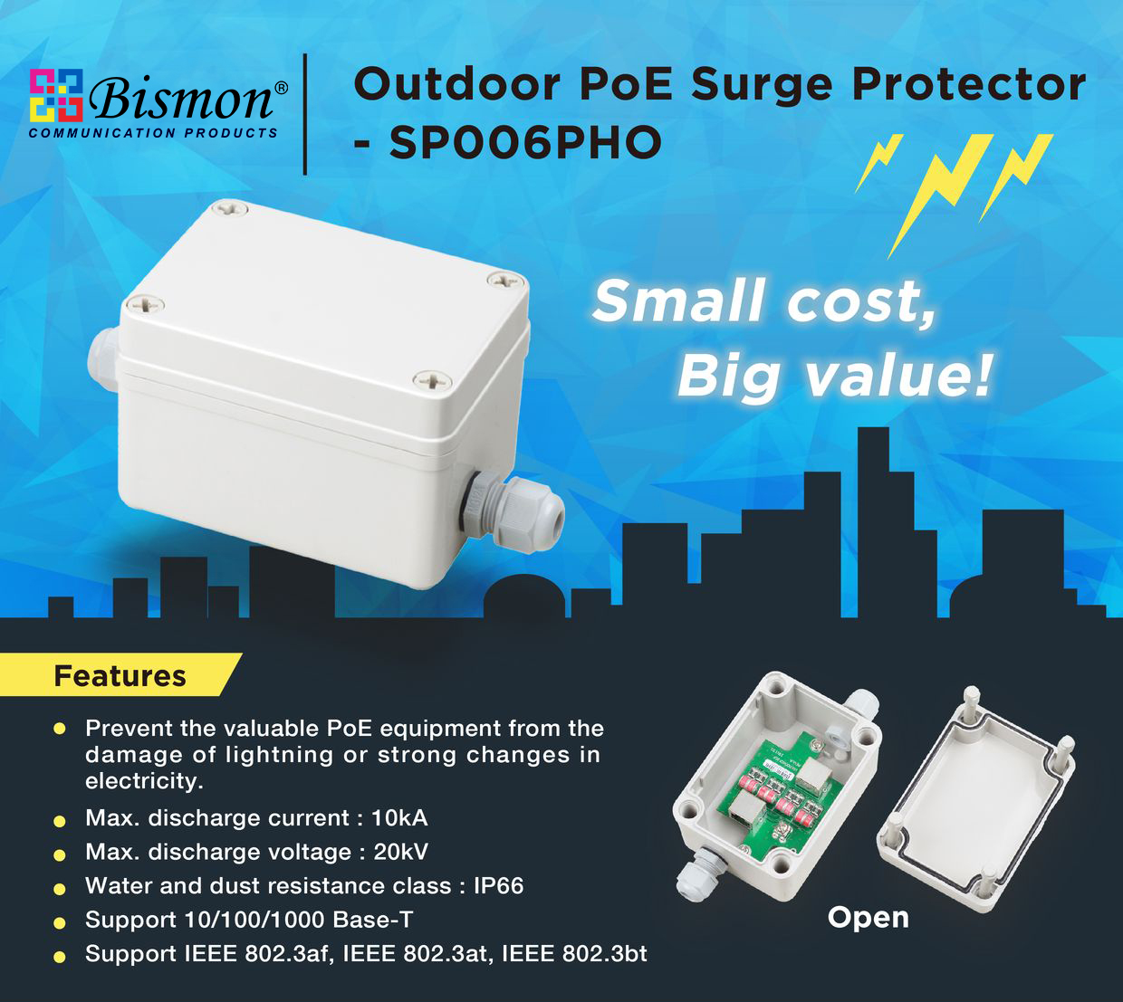 High Performance Outdoor 1G PoE Surge Protector (IEEE 802.3af/at/bt)